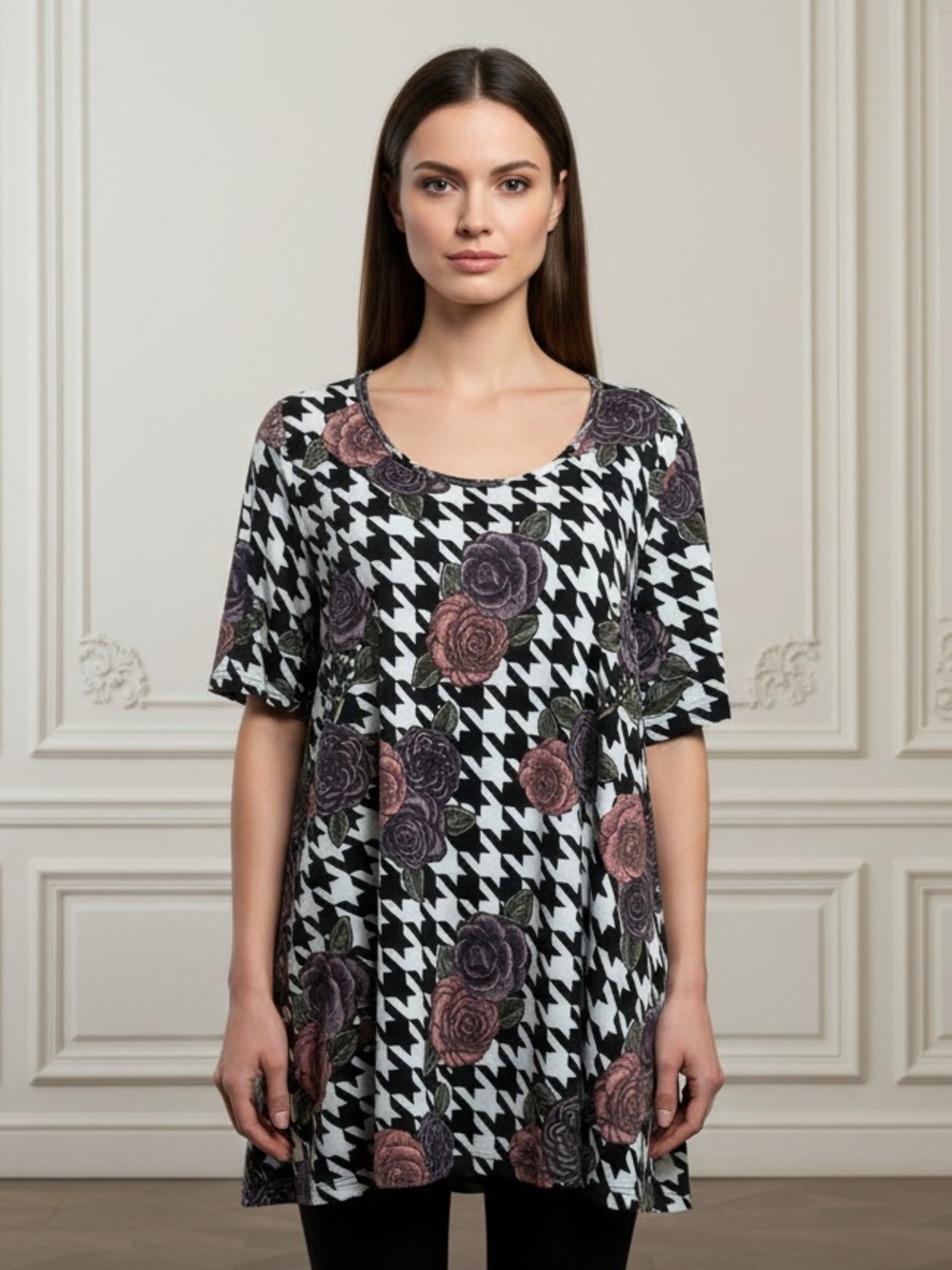 LuLaRoe Black & White Printed Houndstooth Tunic with Romantic Rose Florals